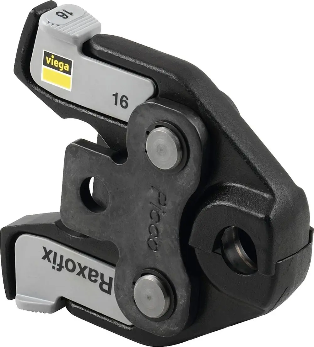 Pressbacke von Viega mit grauem Hebel, geeignet für Rohrverbindungen. Der Mechanismus zeigt eine einfache Bedienung zur Sicherstellung der Verbindung.