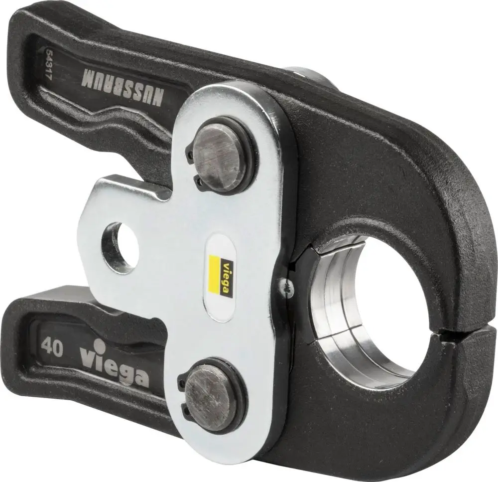 Pressbacke von Viega, aus Stahl, mit einer kreisförmigen Öffnung und zwei Verschlussschrauben. Kompaktes Design für Verbindungstechnik.