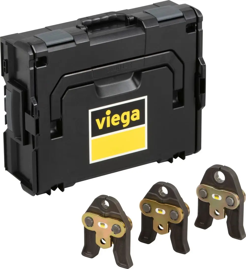Schwarze Box mit dem Viega-Logo, darin drei pressschalenartige Werkzeuge in verschiedenen Größen, zur Verwendung in Verbindung mit Rohrleitungsinstallationen.