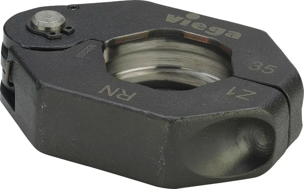 Pressring von Viega, mit kreisförmiger Öffnung und einer Quelle zur Montage. Hergestellt aus phosphatiertem Stahl. Eignet sich für verschiedene Verbindungselemente.