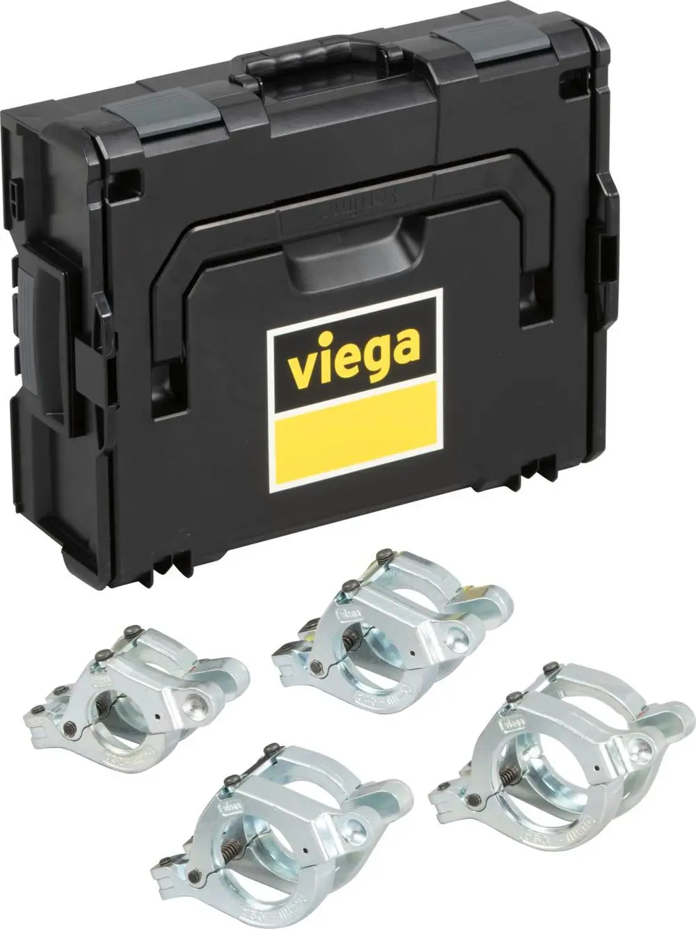 Schwarze Werkzeugkiste mit dem Logo von Viega, daneben vier verzinkte Pressringe in verschiedenen Positionen.