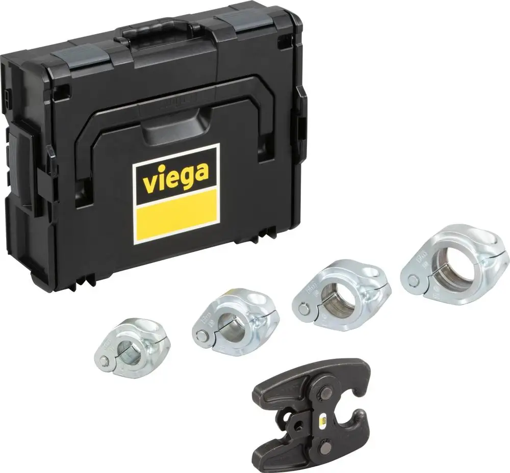 Viega Werkzeugkoffer mit mehreren Pressringen und einer Stanzzange. Die Pressringe sind aus Stahl und haben eine phosphatierte Oberfläche, im Koffer übersichtlich angeordnet.