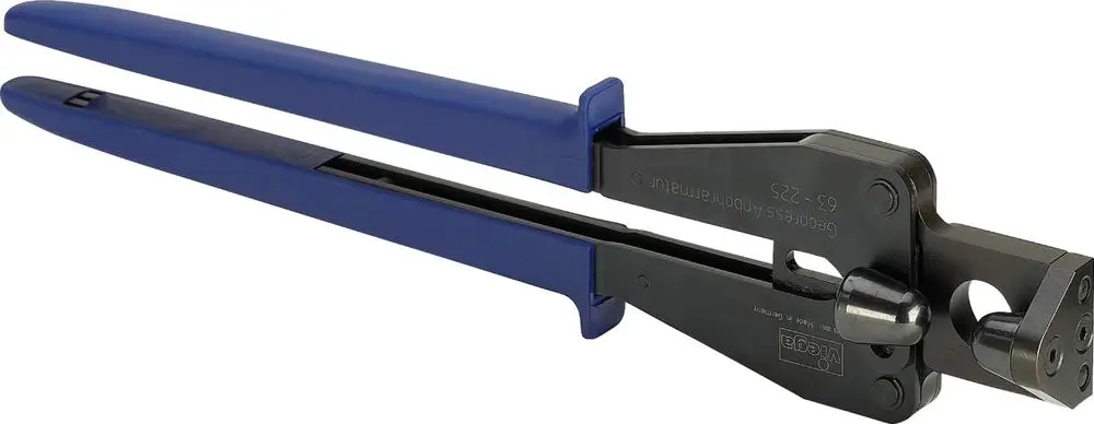 Handpresswerkzeug mit blauen Griffen, hergestellt von Viega. Das Werkzeug scheint für Verbindungsarbeiten in der Sanitär- oder Heizungsinstallation verwendet zu werden.