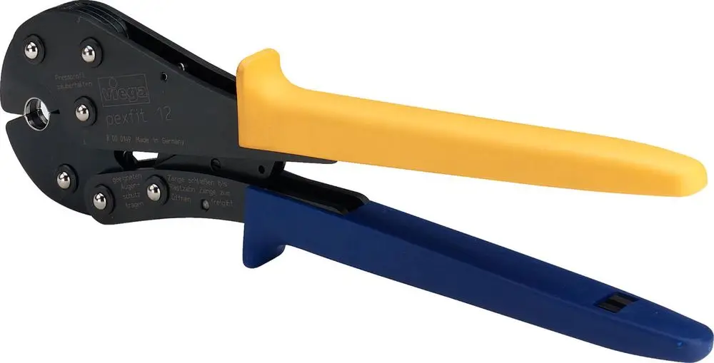 Handpresswerkzeug von Viega mit zwei farblich unterschiedlichen Griffen, geeignet für die Verbindung von Rohren oder Zubehörteilen.