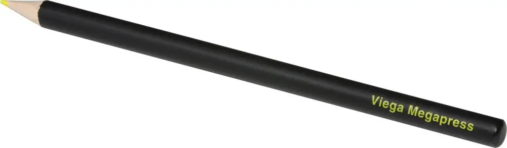 Schwarzer Markierungsstift mit spitzem Ende. Die Marke Viega ist in gelber Schrift auf dem Stift angebracht.
