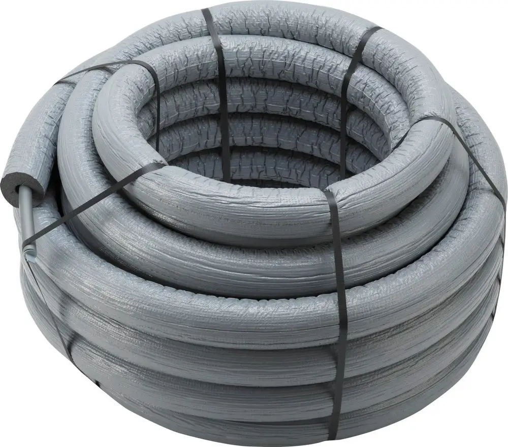 Gray thermoplastic pipe, coiled and secured with straps, suitable for plumbing applications, manufactured by Viega.