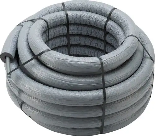 Gray thermoplastic pipe, coiled and secured with straps, suitable for plumbing applications, manufactured by Viega.