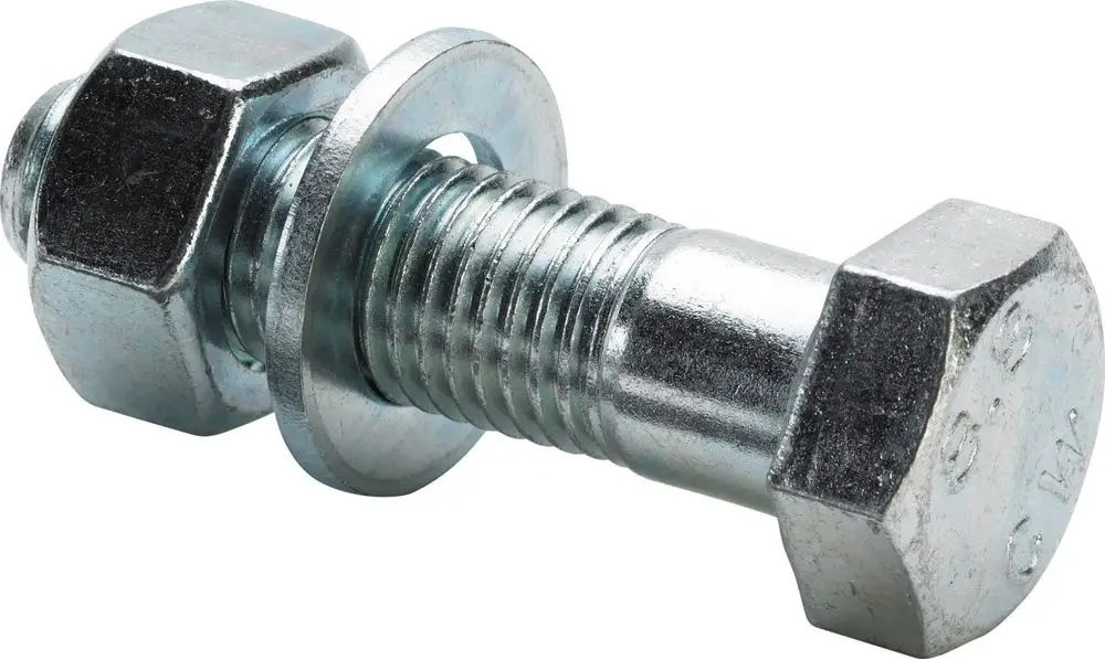 Stahlverzinkter Bolzen mit Unterlegscheibe und Mutter, geeignet für verschiedene Montagen. Produkt von Viega für stabile Verbindungen in Installationen.