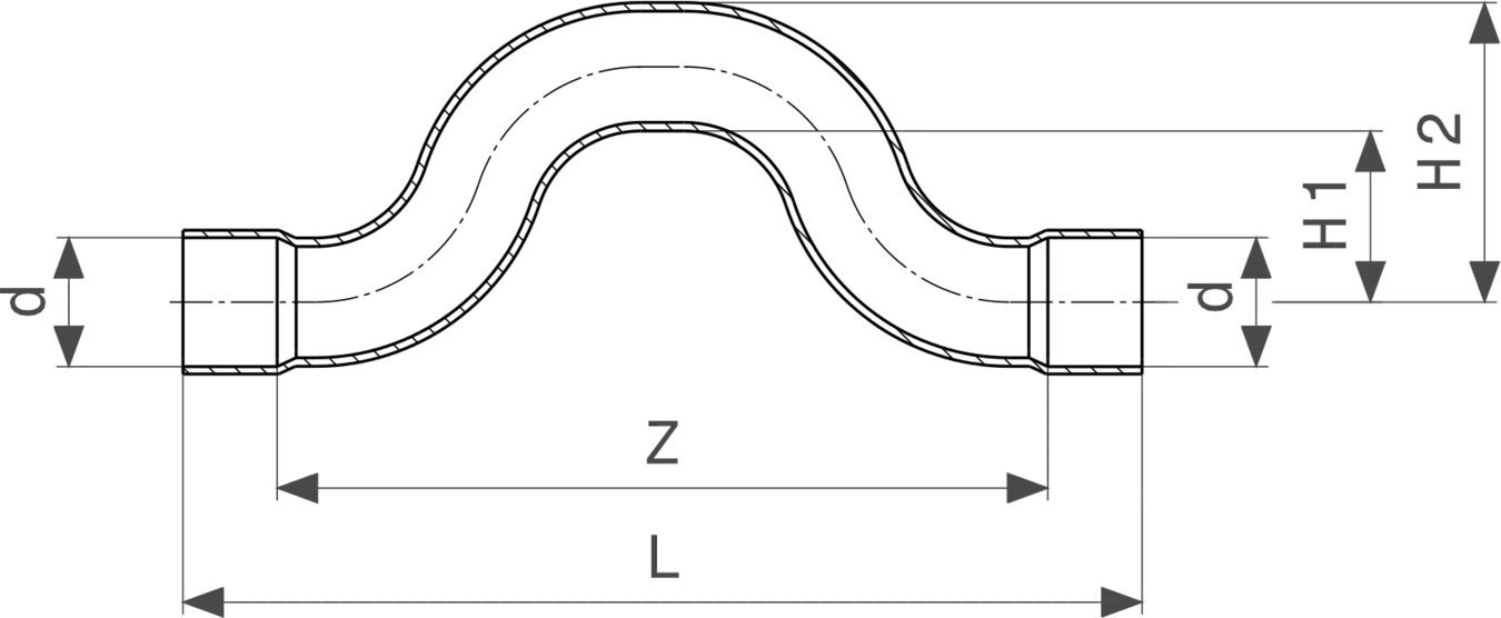 Kupferrohrbogen mit zwei abgewinkelten Enden, zur Verbindung von Rohren, Hersteller Viega. Detailansicht der Maße und Form.