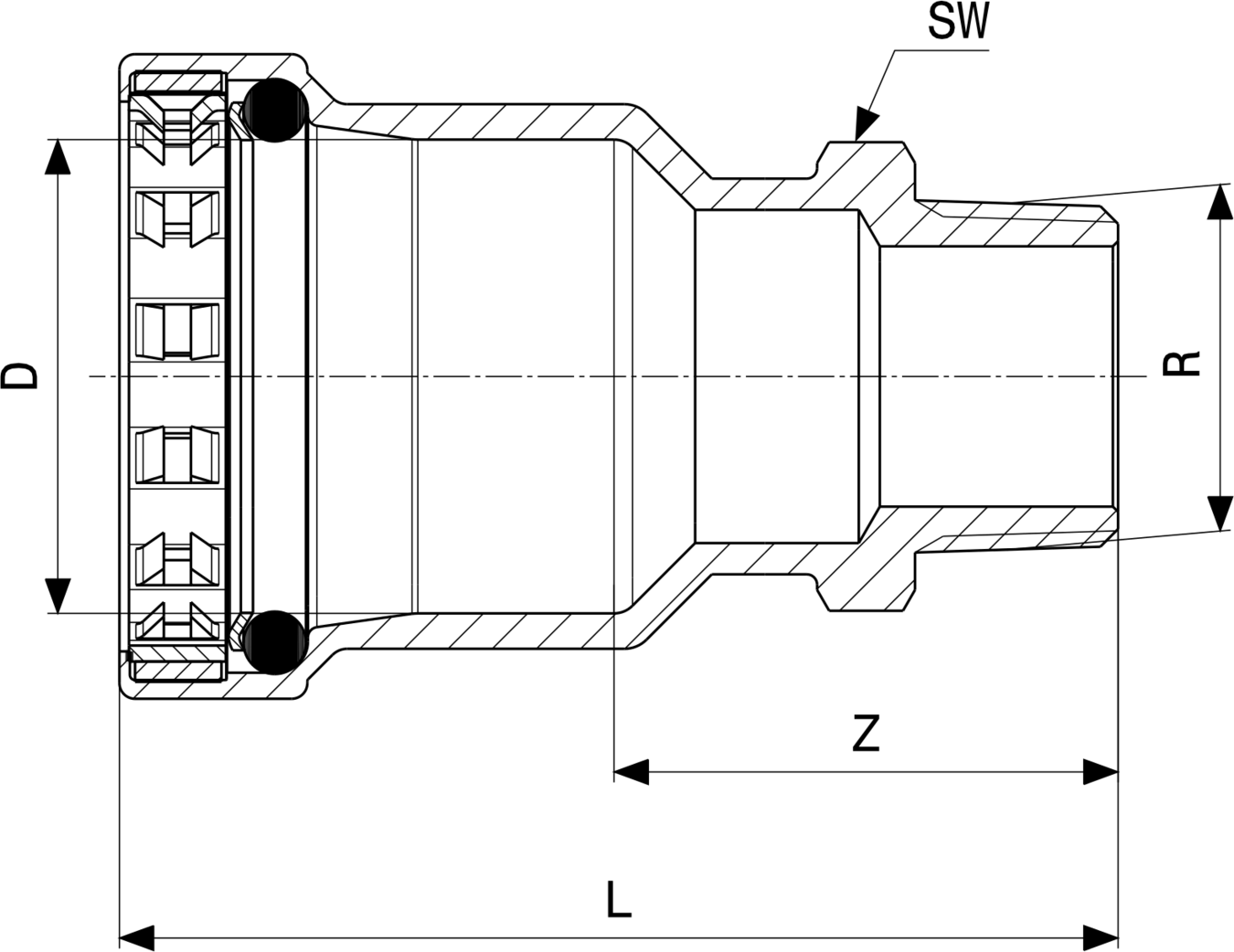 Zink-Nickel-beschichtetes Stahlübergangsstück von Viega mit zwei Anschlüssen, geeignet für Pressverbindungen. Klar erkennbare Gewinde und konische Form.
