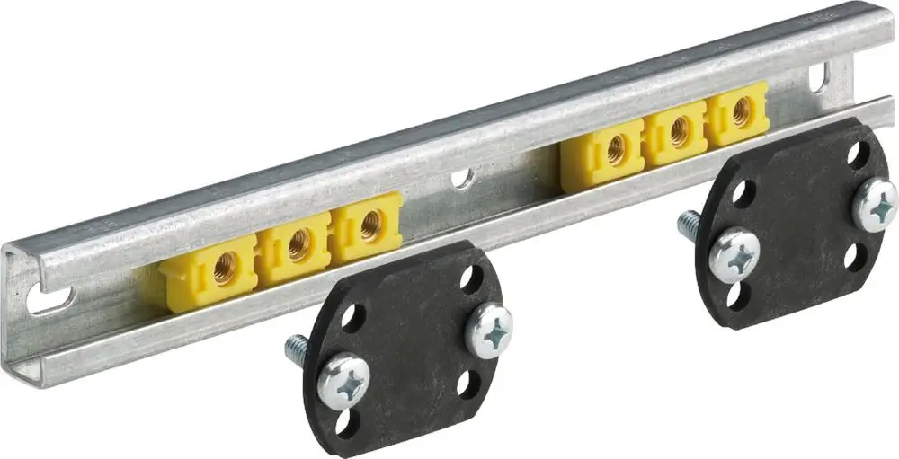 Zinc-coated metal mounting bracket with rubber pads on each end, featuring yellow connectors in the center, suitable for various applications including Viega systems.