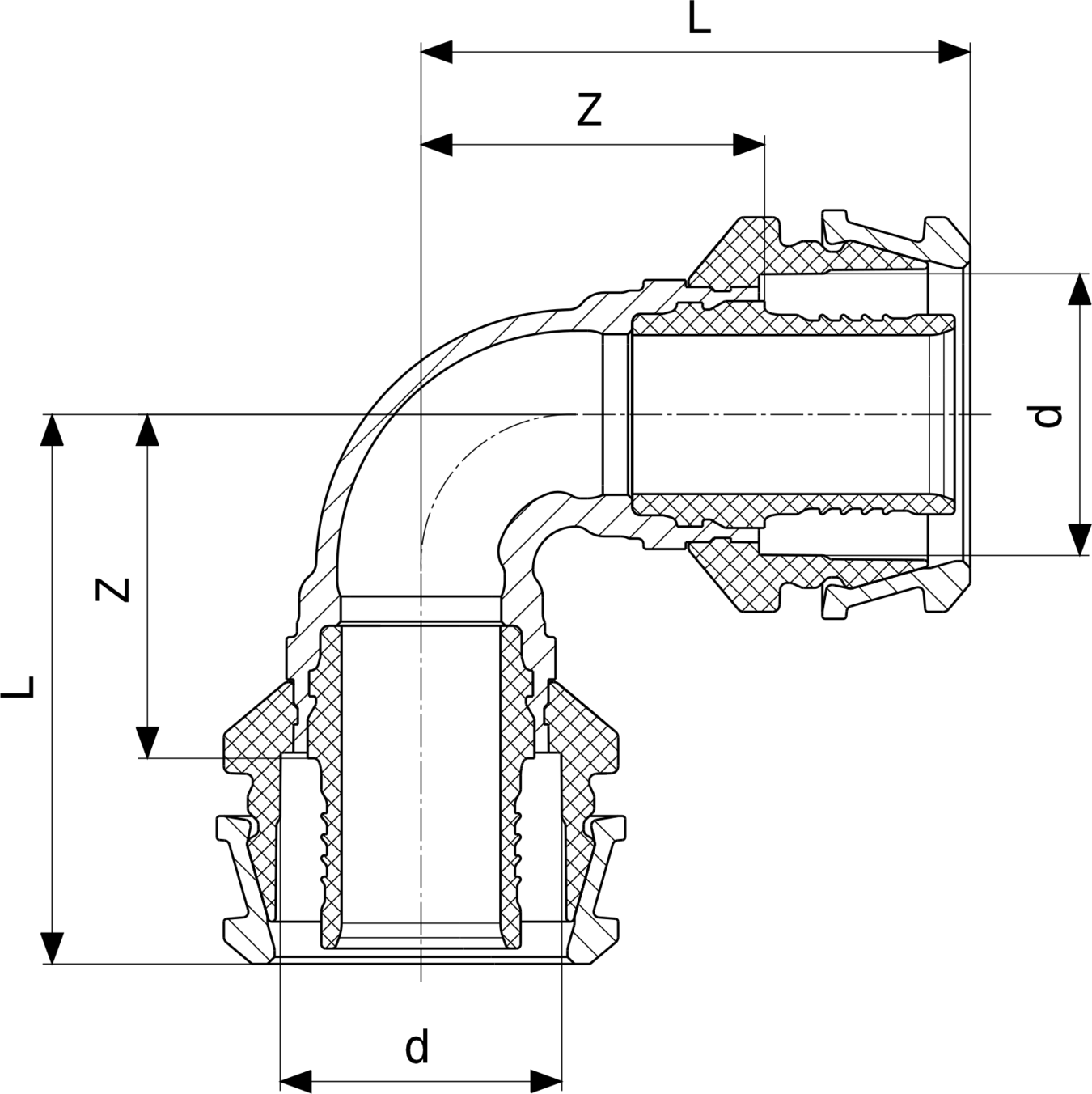Bogen aus Siliziumbronze in 90-Grad-Form mit DN10-Anschluss, gefertigt von Viega. Klar konturierte Verbindungsteile für Rohrinstallationen.
