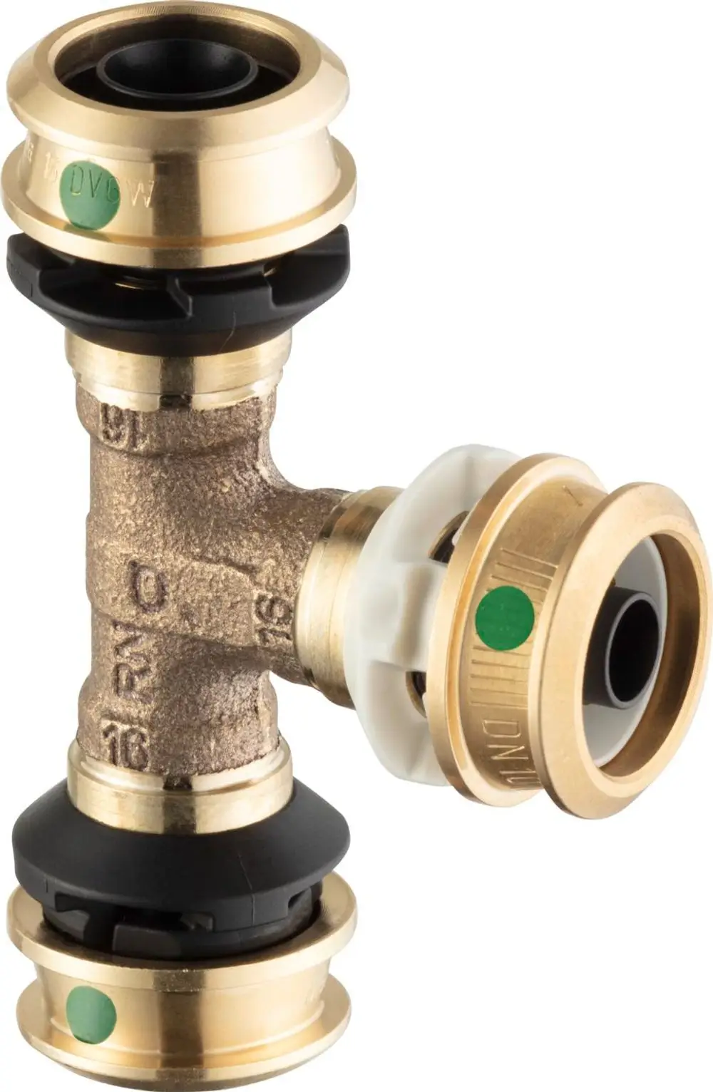 T-Stück aus Siliziumbronze mit Kunststoffdichtungen, in Kombination mit Kupferrohren, hergestellt von Viega. Kompaktdesign für Rohrleitungssysteme sichtbar.