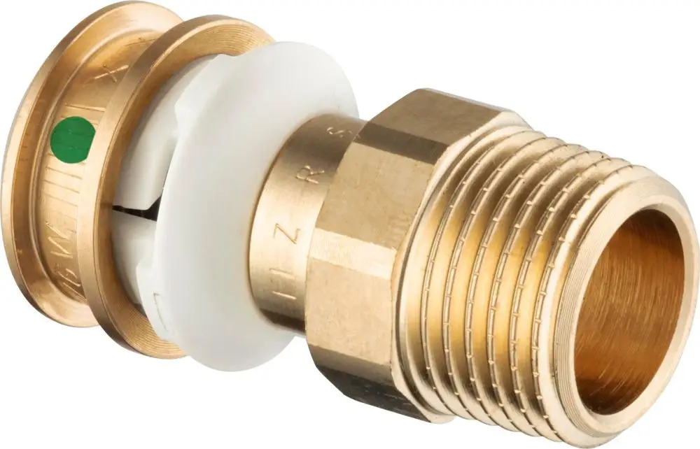Übergangsstück aus Siliziumbronze mit Verschraubung, hergestellt von Viega. Das Produkt zeigt eine zylindrische Form mit Gewinde und einer Kunststoff-Dichtung.