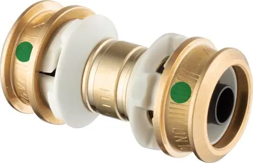 Kupplung aus Siliziumbronze mit zwei Anschlussseiten, hergestellt von Viega. Das Produkt zeigt eine zentrale Dichtung und eine einteilige Konstruktion.