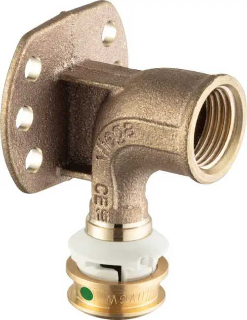 Winkelstück aus Siliziumbronze von Viega, mit Flansch und einem Anschluss für Rohrverbindungen. Erkennbar sind das Gewinde und die integrierte Befestigungsmöglichkeit.
