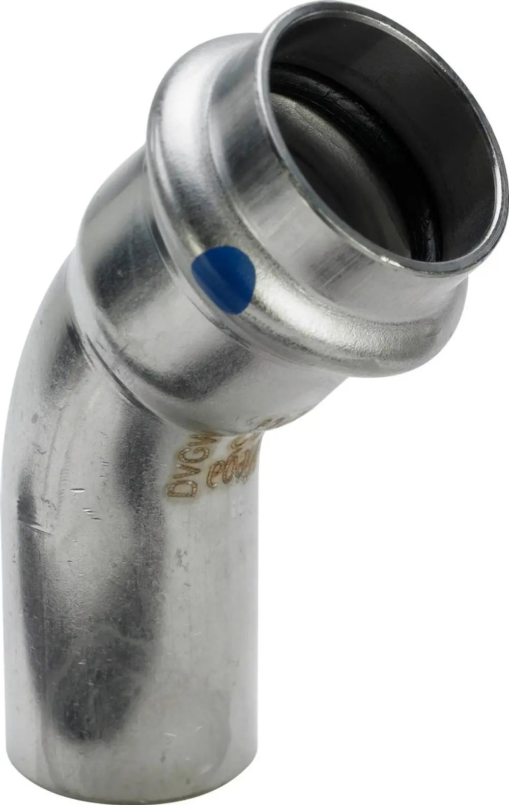 Stahlbogen mit 45-Grad-Winkel, hergestellt aus nichtrostendem Material. Teil des Viega Sanpress Inox Systems zur Rohrverbindung.