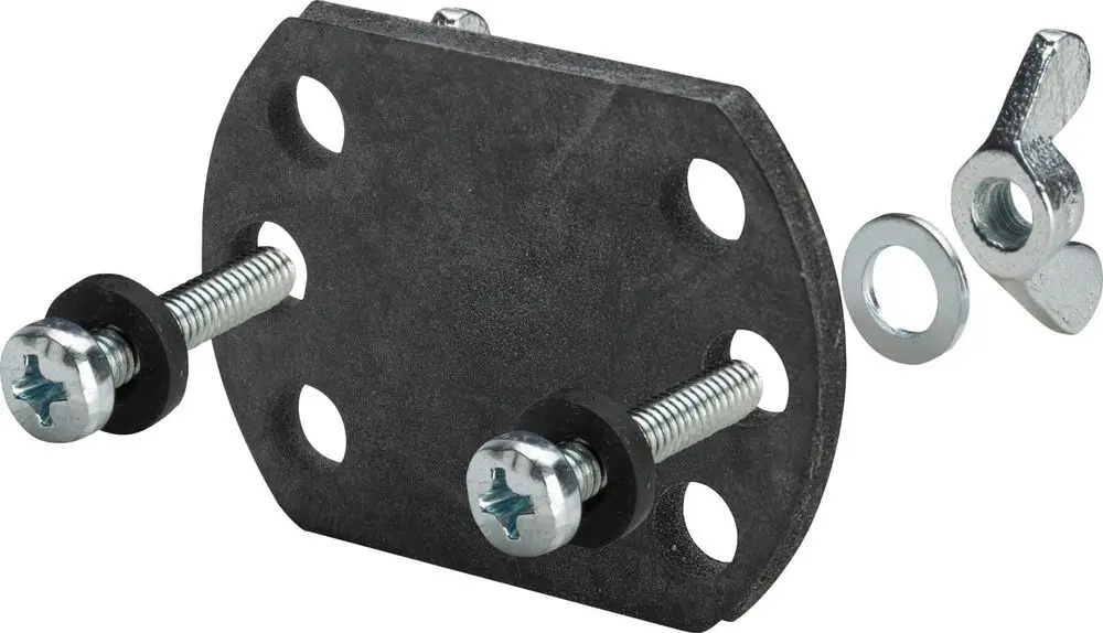 Befestigungsset mit Dämpfungsplatte, Bolzen, Unterlegscheiben und einer Halterung. Teil des Raxofix Systems von Viega zur Schallschutzmontage.