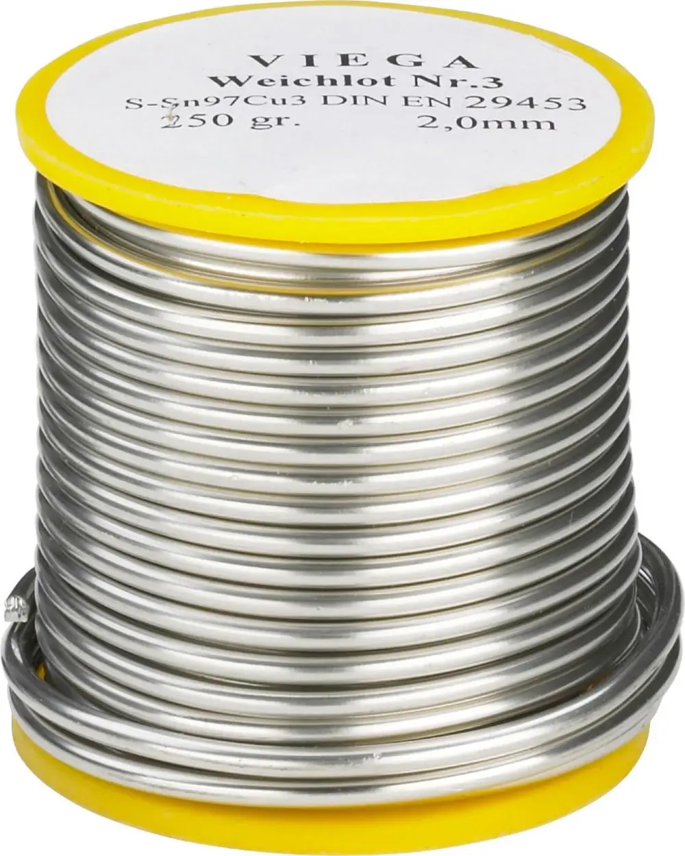 Spule mit Weichlot von Viega, silberne Metalloberfläche, auf gelbem Kunststoffboden. Die Spule ist gut gefüllt und hat eine klare Beschriftung auf der Oberseite.