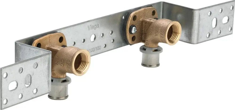 Montagetrack mit zwei rotgussfittings von Viega, zur Befestigung vorgesehen, aus verzinktem Stahl, mit Anschlussmöglichkeiten für Rohre.