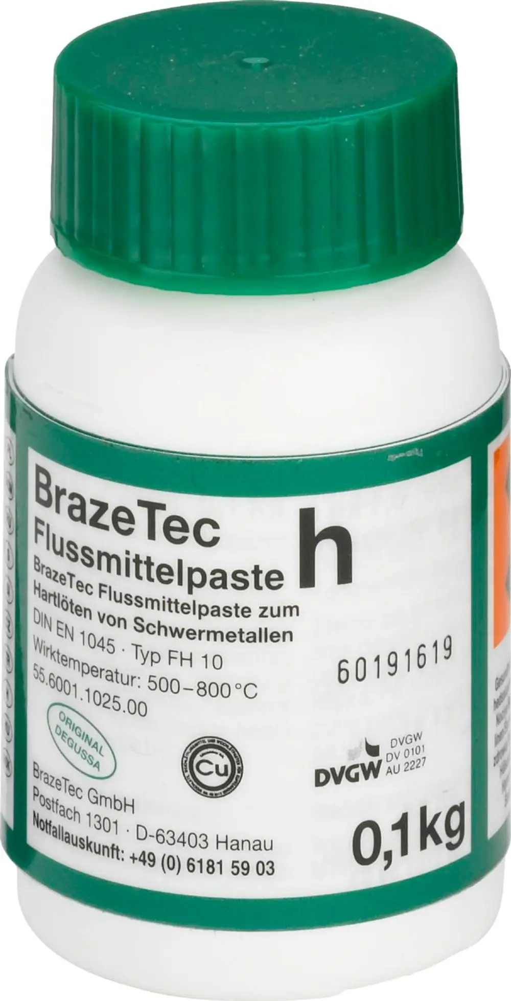 Weißes Flussmittel in Behälter mit grünem Deckel, beschriftet mit BrazeTec Flussmittelpaste. Produkt von Viega zur Verwendung bei Hartlötprozessen mit Schmelztemperaturen von 500-800 °C.