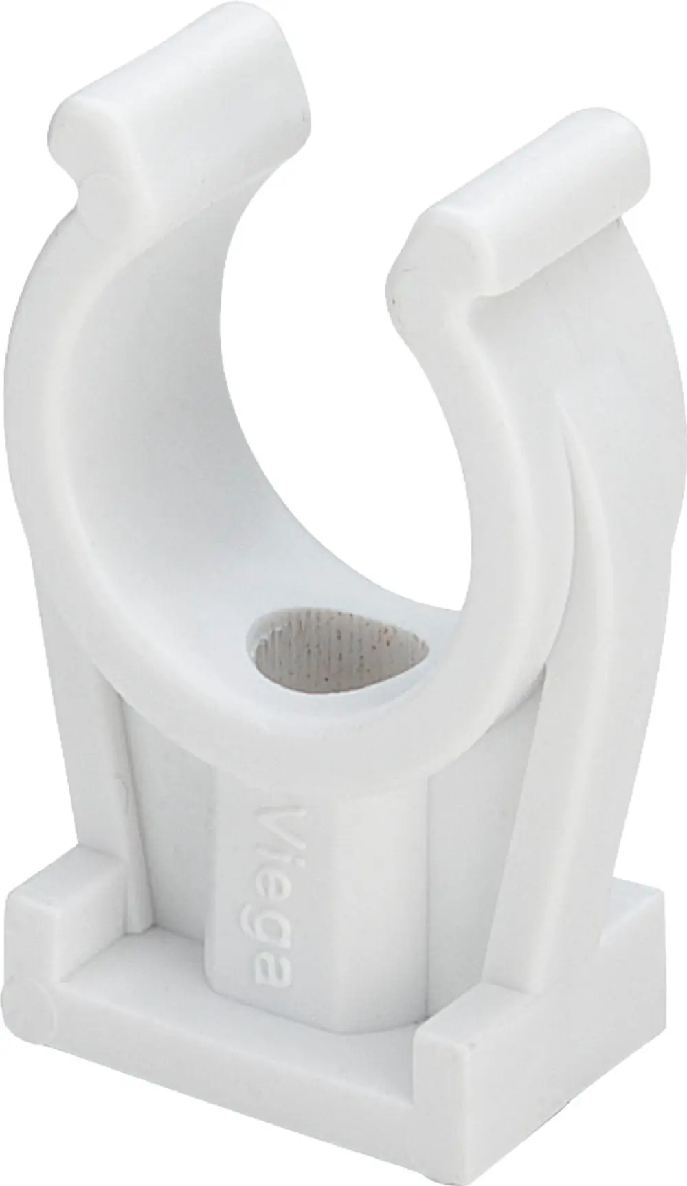 Weißer Rohrclip von Viega, offen in Form eines U, zur Befestigung von Kunststoffrohren mit einem Innendurchmesser von 6 mm.