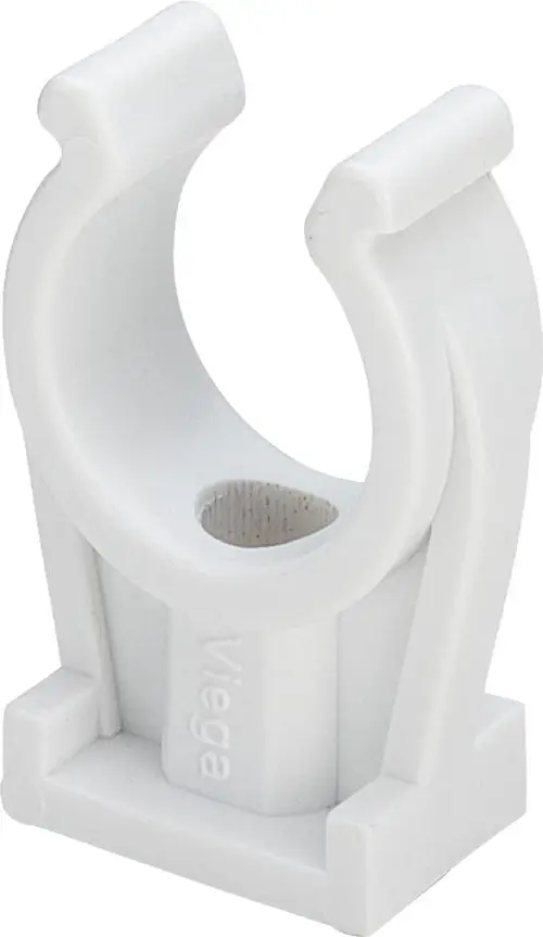 Weißer Rohrclip von Viega, offen in Form eines U, zur Befestigung von Kunststoffrohren mit einem Innendurchmesser von 6 mm.