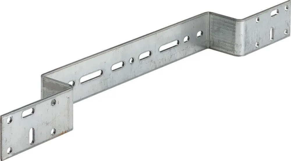 Viega Halterung aus Stahl, verzinkt, mit mehreren Montagemöglichkeiten. Längliche Form mit Durchbrüchen zur Befestigung an Wänden oder Trägern.