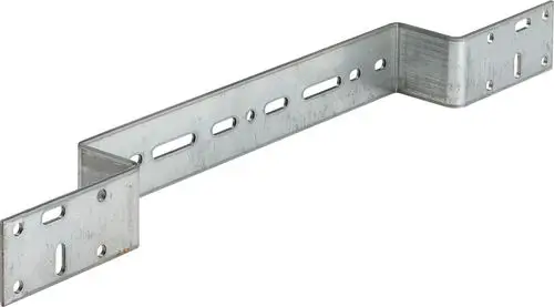 Viega Halterung aus Stahl, verzinkt, mit mehreren Montagemöglichkeiten. Längliche Form mit Durchbrüchen zur Befestigung an Wänden oder Trägern.