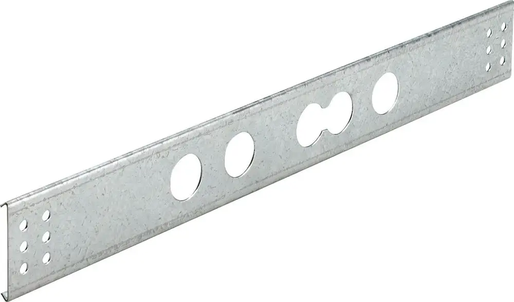 Montageschablone aus Metall mit mehreren Bohrungen und Aussparungen, geeignet für verschiedene Befestigungsmöglichkeiten, hergestellt von Viega.
