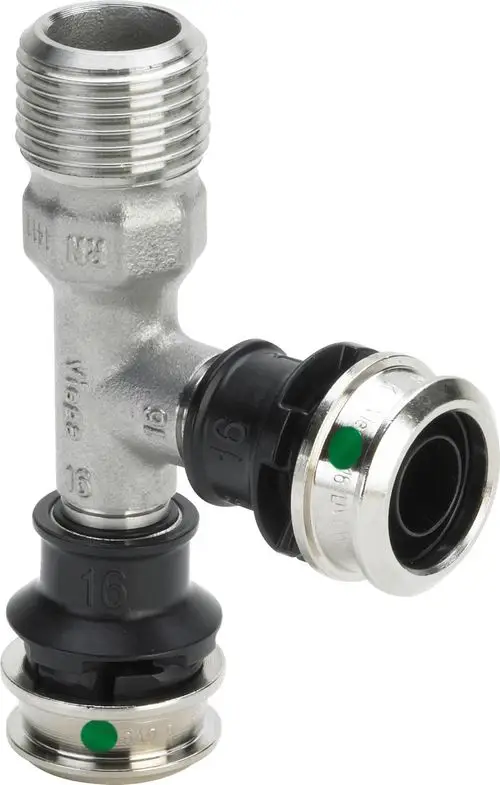 T-Stück aus Edelstahl mit einem geraden Anschlussteil und zwei schwarzen Kunststoffanschlüssen für Rohrleitungstechnik.
