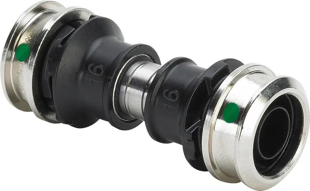 Raxinox-Kupplung von Viega mit zwei Enden, die zum Verbinden von Rohren verwendet wird. Die Kupplung hat ein schwarzes Mittelteil und glänzende Metallringe.