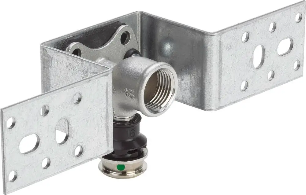 Montageeinheit aus verzinktem Stahl von Viega mit einer Verbindung für Rohrsysteme, ausgestattet mit einer Gewindebuchse und Montageschienen.