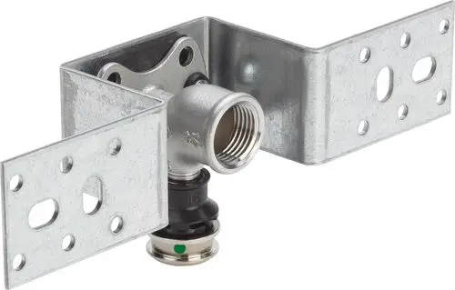 Montageeinheit aus verzinktem Stahl von Viega mit einer Verbindung für Rohrsysteme, ausgestattet mit einer Gewindebuchse und Montageschienen.