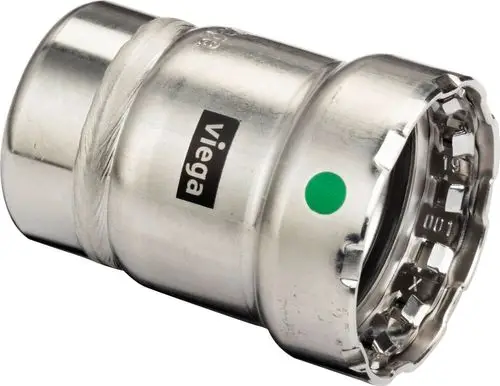 Stainless steel Kappe von Viega mit glatter Oberfläche und einer aufgerauten Innenstruktur. Sie dient zur Verbindung von Rohrleitungen in der Ausführung für DN 15.