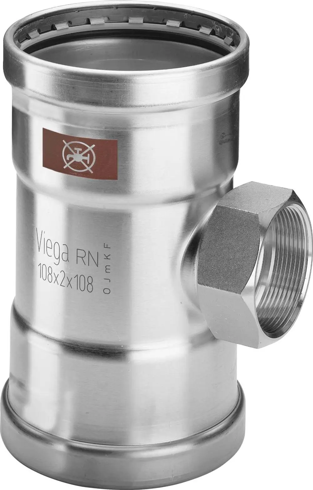 Edelstahl-T-Stück von Viega mit einer seitlichen Anschlussstelle. Das Produkt zeigt eine glatte Oberfläche und eine robuste Bauweise.