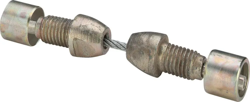 Zugkupplung aus Metall mit schlankem Design, passend für Kabelverbindungen. Die Kupplung von Viega zeigt eine Kombination aus Gewindebohrungen und einem Stahldraht.