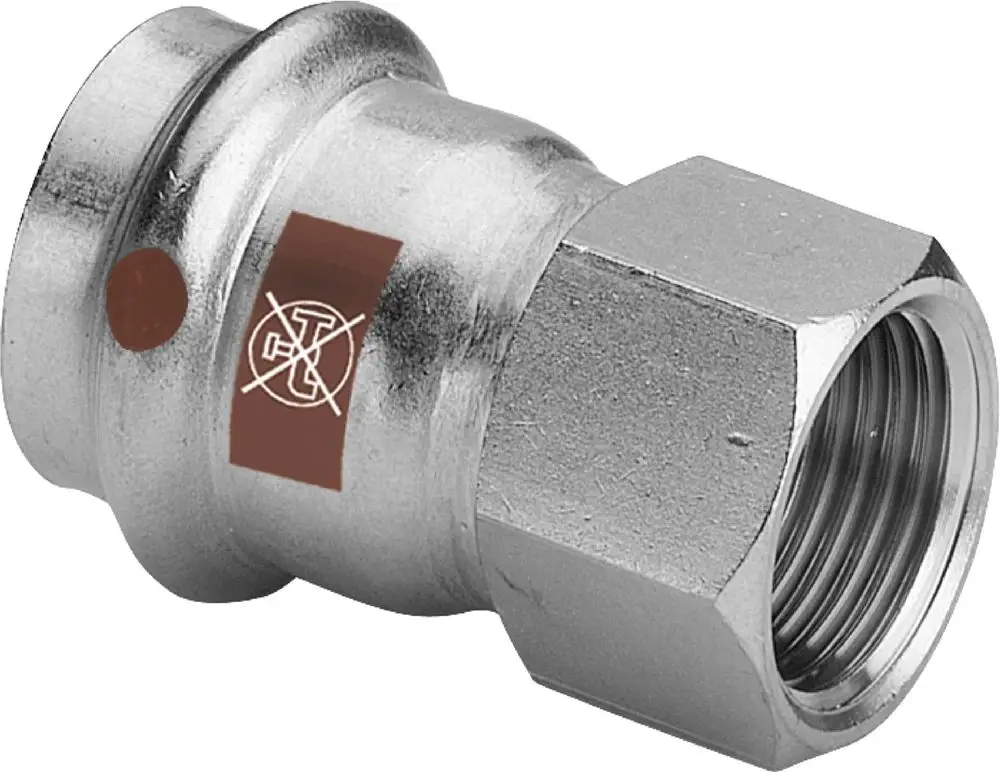 Übergangsstück aus rostfreiem Stahl mit Gewinde, dargestellt in metallischer Oberfläche. Erkennbares Markenzeichen der Firma Viega auf der Produktverpackung.