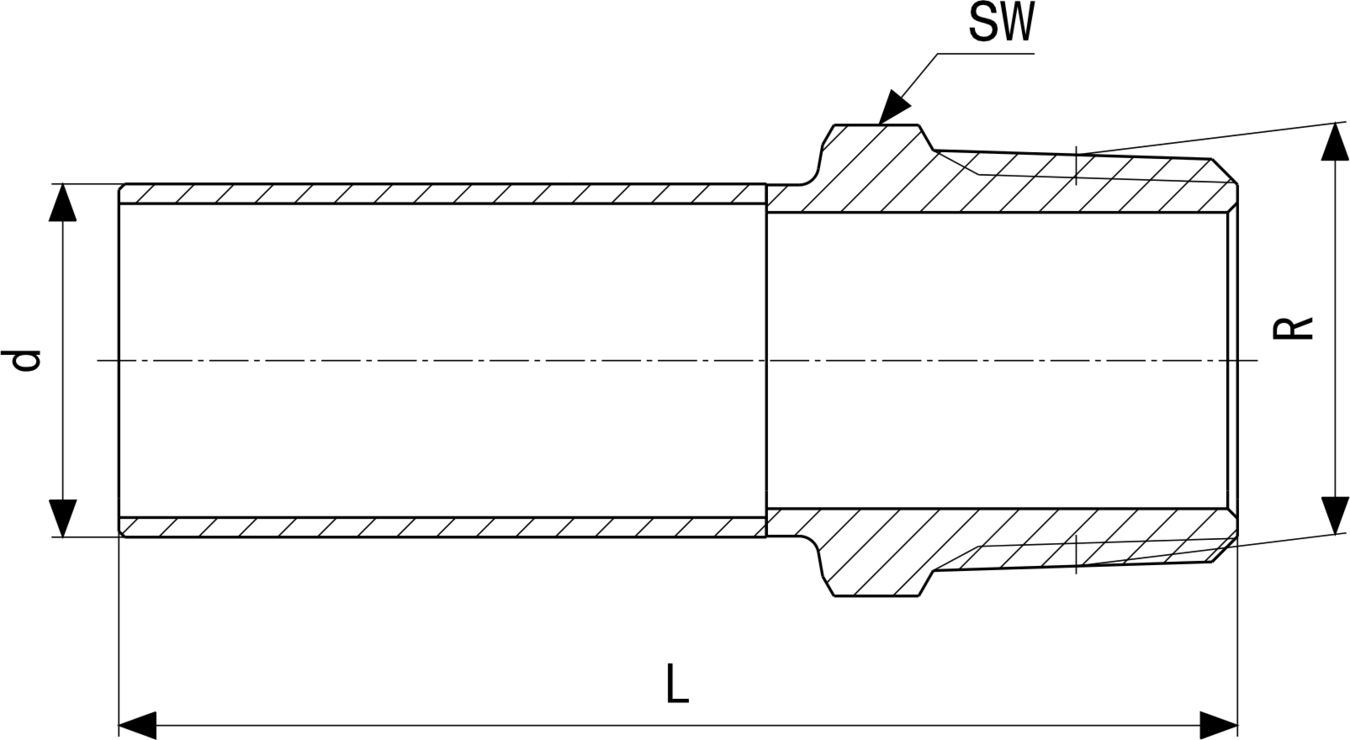 Viega-Einsteckstück aus Edelstahl, zylindrische Form mit Anschlussgewinde, geeignet für Rohrsysteme, auf hellgrauem Hintergrund abgebildet.