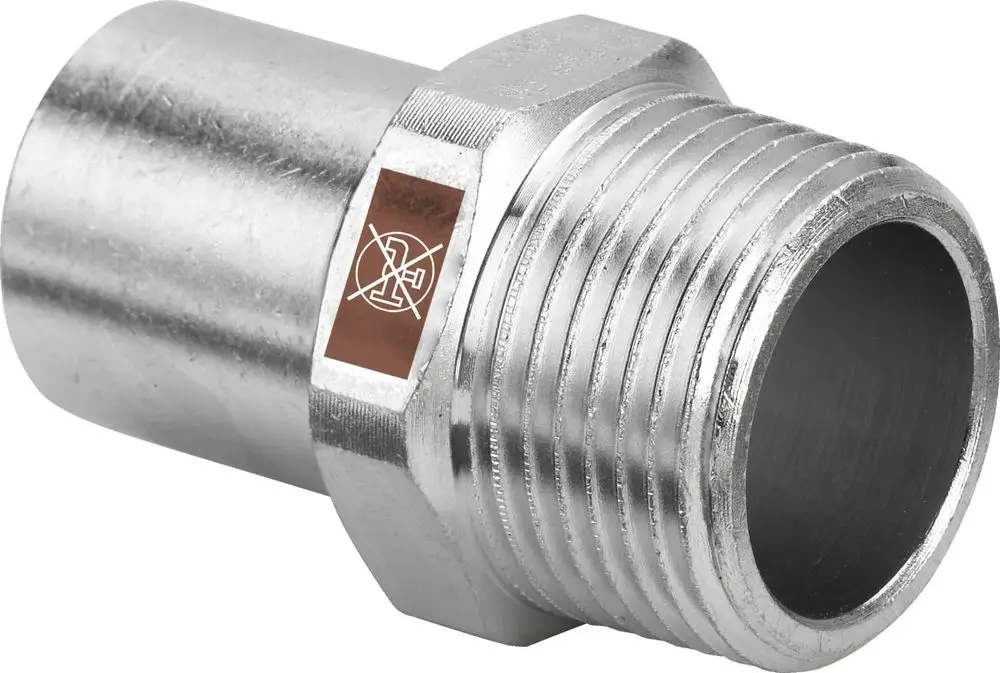 Viega-Einsteckstück aus rostfreiem Stahl mit Außengewinde, für Anwendungen in der Sanitärtechnik und Rohrverbindungen.