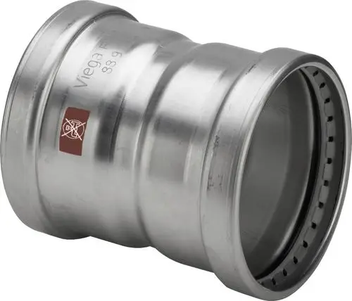 Edelstahl Muffenverschluss von Viega, geeignet für Rohrleitungstechnik, mit glatter Innenfläche und Dichtungsring.