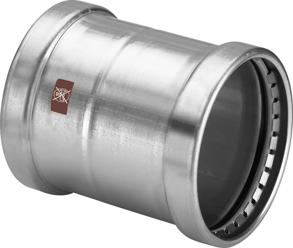 Edelstahl-Rohrverbindung von Viega, zylindrische Form mit glatter Oberfläche und einem Rand, der eine Dichtung aufweist. Ideal für Rohrsysteme in verschiedenen Anwendungen.