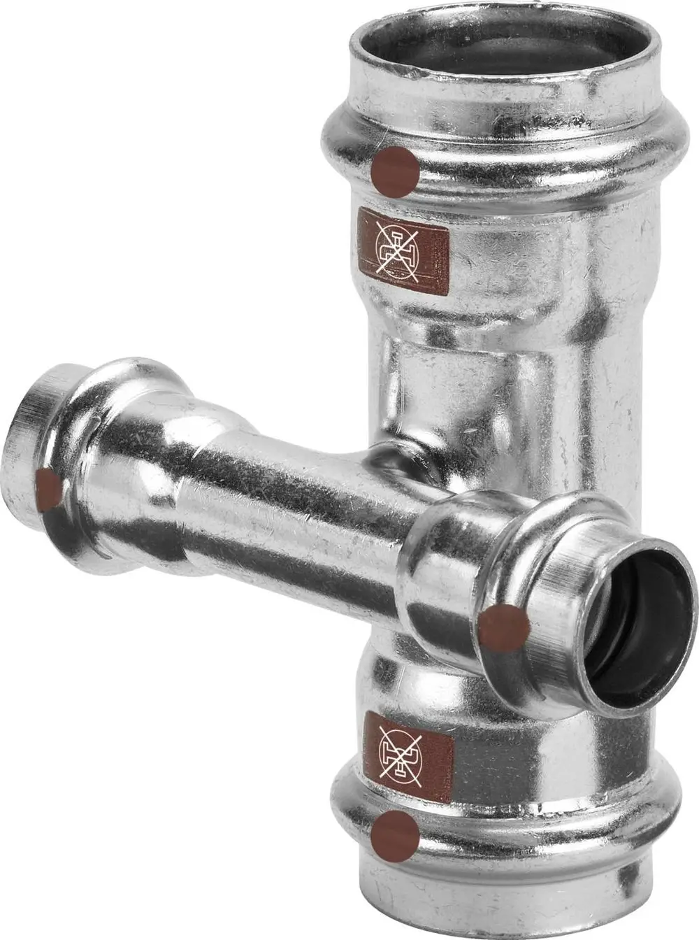 Kreuzstück aus nichtrostendem Stahl mit mehreren Anschlüssen für Rohrleitungen, hergestellt von Viega. Erkennbar sind die Logo-Symbole und Beschriftungen auf dem Produkt.