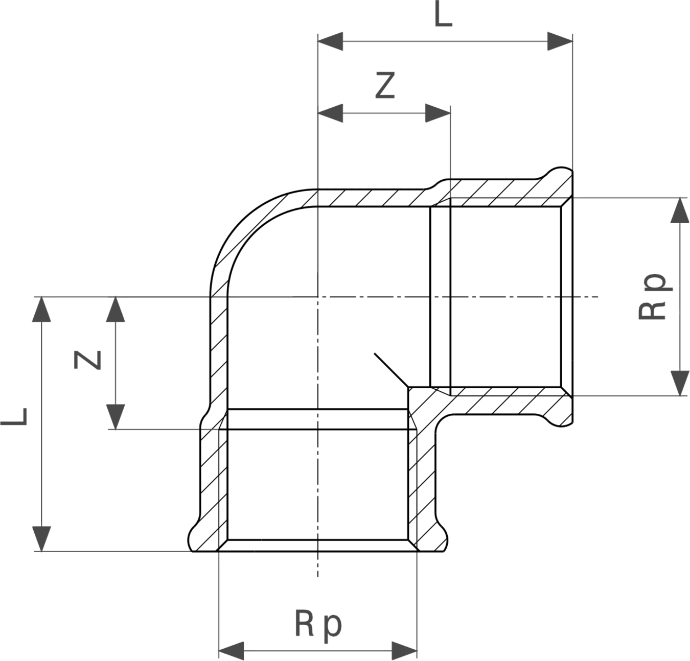 Messingbogen in 90-Grad-Winkel mit verchromter Oberfläche, hergestellt von Viega. Klar gezeichnete Maße und Details sind im Diagramm zu erkennen.