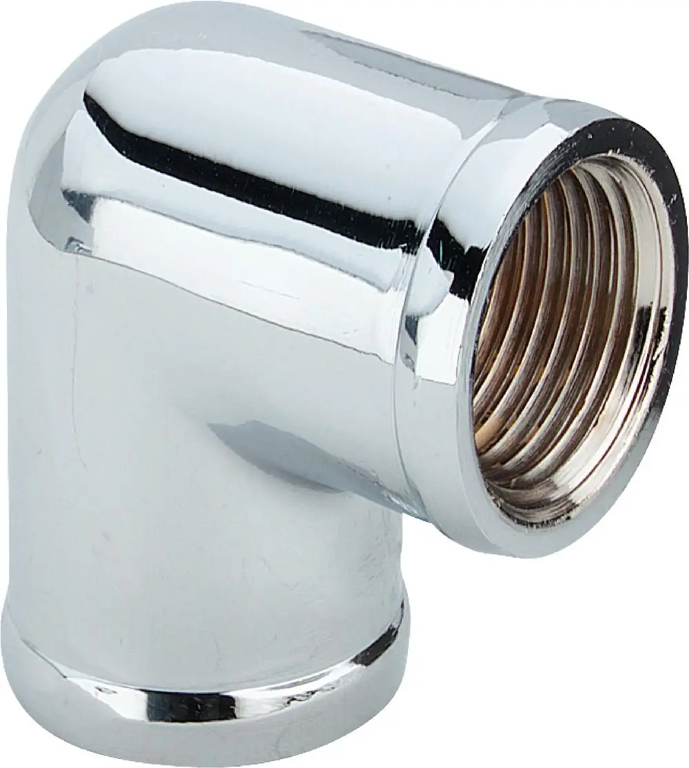 Verchromter 90-Grad-Bogen mit Innengewinde, gefertigt von Viega. Ideal für Rohrverbindungen in sanitärtechnischen Anwendungen.