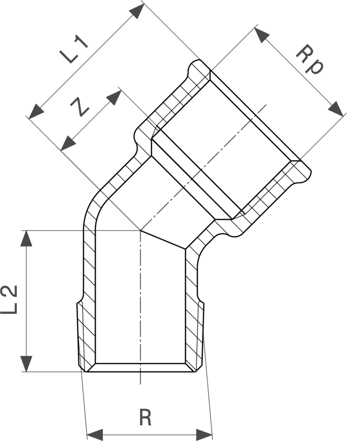 Messing-Bogen mit einem Winkel von 45 Grad, verchromt, hergestellt von Viega. Darstellung der Abmessungen L1, L2, R, Rp und Z.