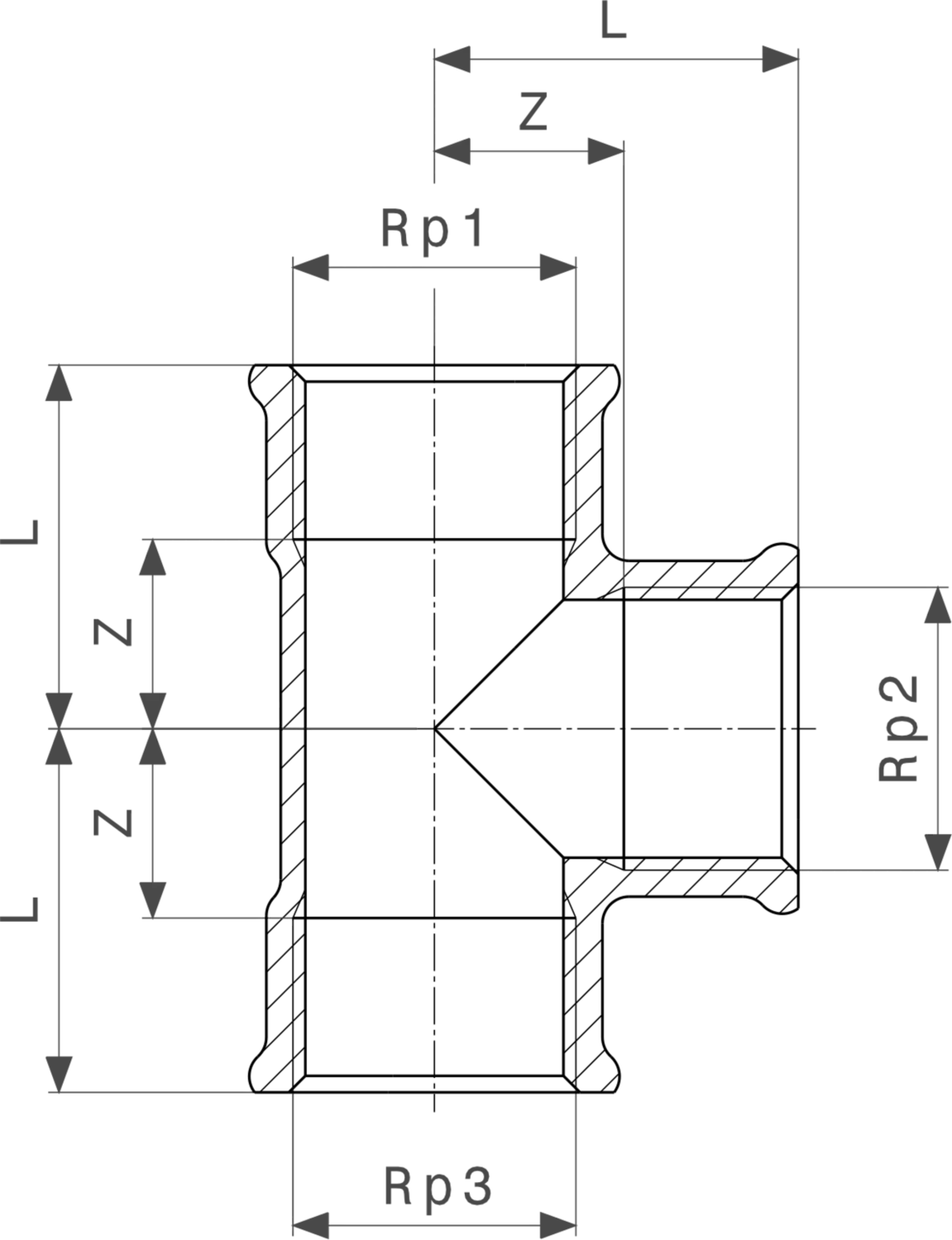Messing-T-Stück von Viega mit verchromter Oberfläche. Die schematische Darstellung zeigt die Dimensionen und Anschlüsse des Produkts.