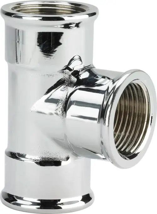 Messingschlaucht-Stück, verchromt, von Viega. Verbinder mit Innengewinde in einer T-Form. Ideal für Rohrleitungen in sanitärtechnischen Anwendungen.