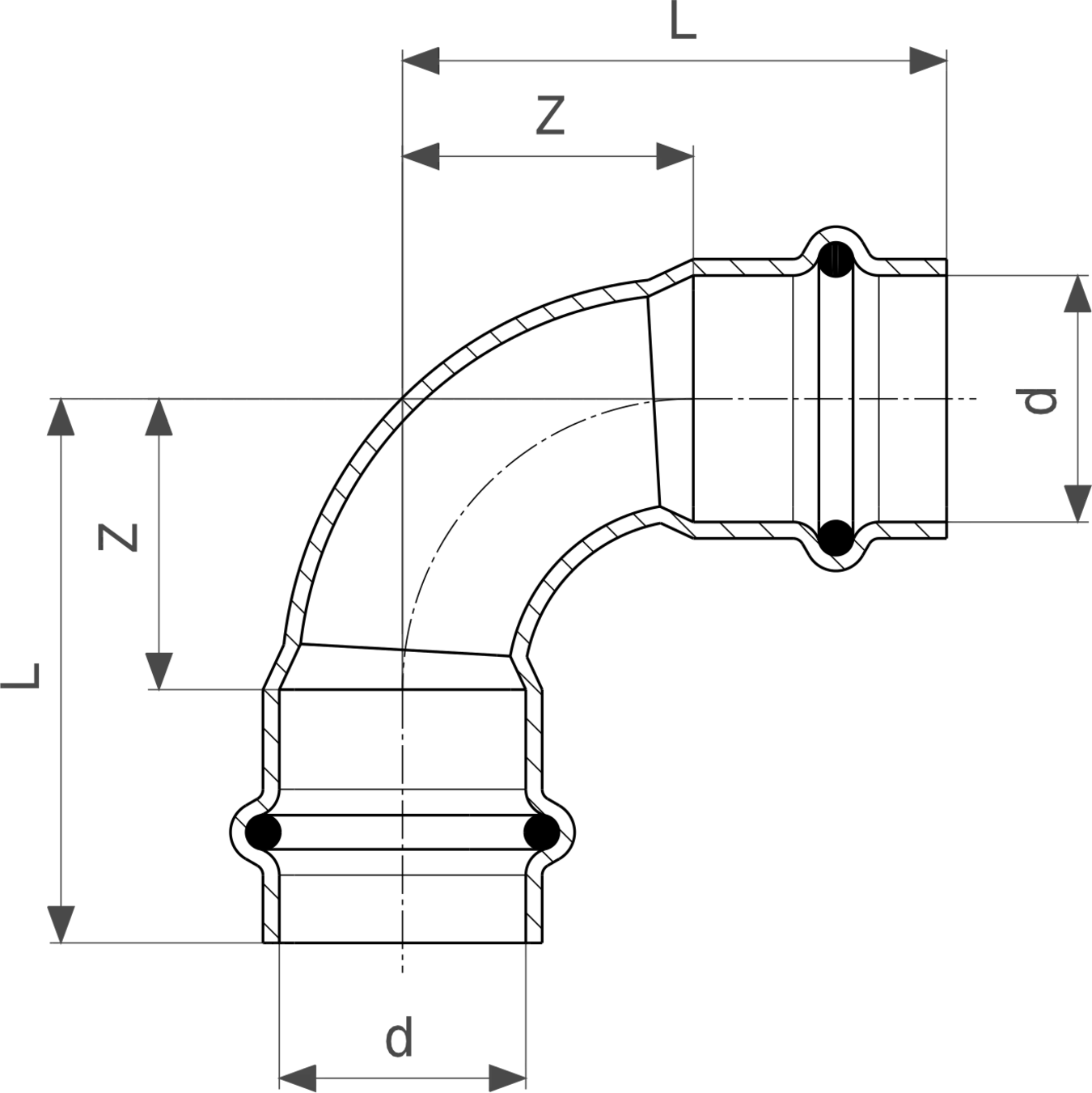 Viega Sanpress Inox-Bogen in 90 Grad Form, hergestellt aus rostfreiem Stahl. Die Abmessungen und Details sind im technischen Diagramm dargestellt.