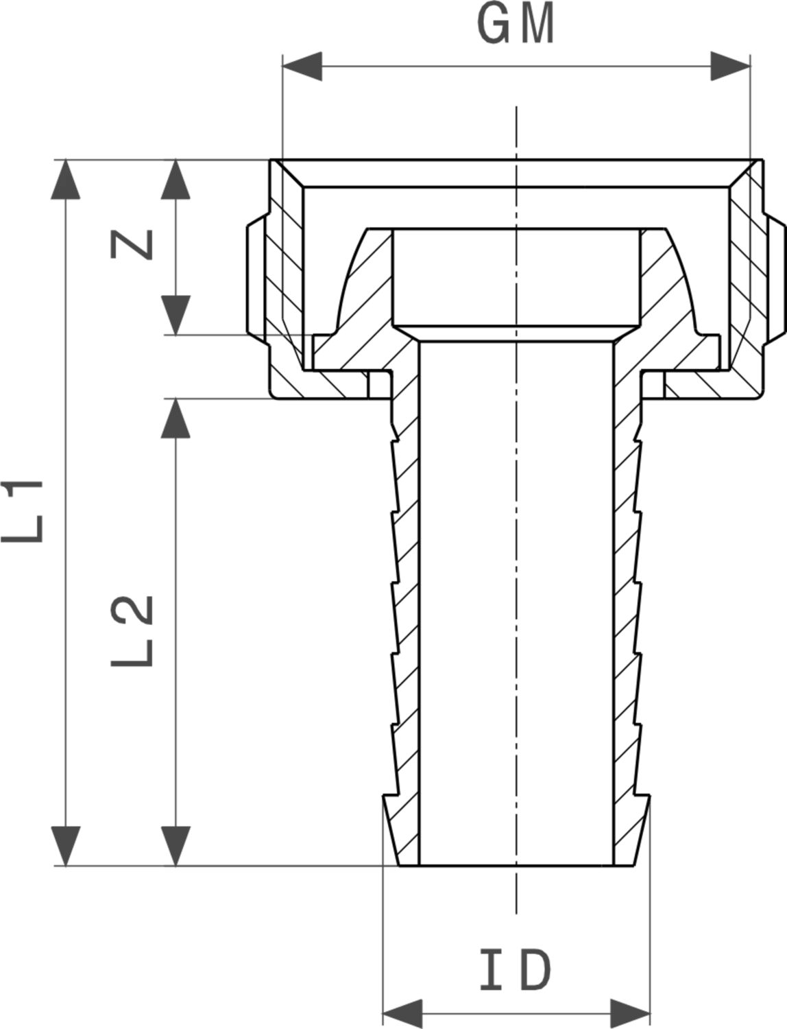 Viega Schlauchverschraubung aus Messing mit Abmessungen, die die Gewindegröße und den inneren Durchmesser darstellt, abgebildet in schematischer Darstellung.